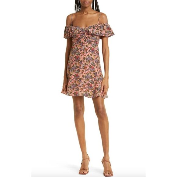 byTimo Floral Ruffle Cold Shoulder Mini Dress Dahlia Floral Womens Small - Picture 1 of 10